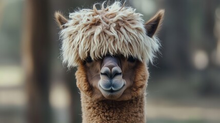 Obraz premium A charming alpaca poses with a fluffy hairstyle amidst the serene setting of a lush forest during a sunny afternoon
