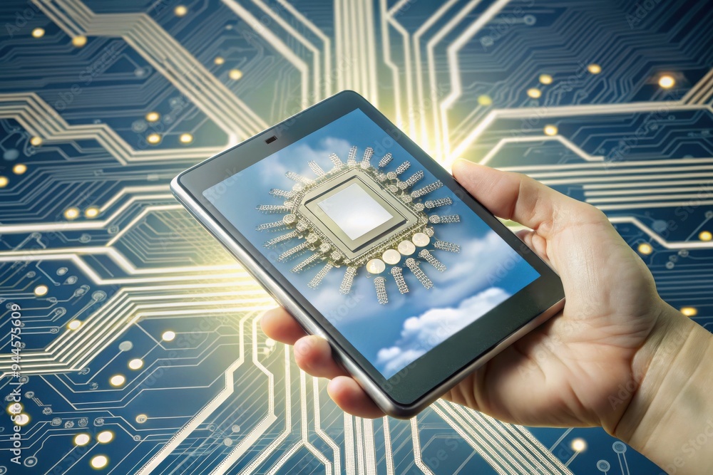 Poster a hand holds a tablet displaying a microchip in front of a bright circuit board, symbolizing the fus