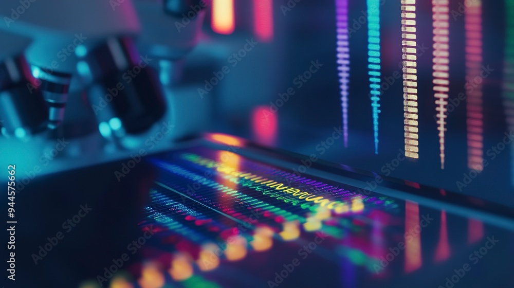 Poster close-up of a dna sequencing machine, emphasizing the advancements in biotechnology and genetics. mi