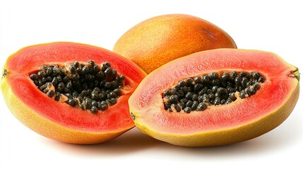 Two Halves and a Whole Papaya with Black Seeds