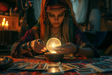 Gypsy Fortune Teller practicing tarot card reading and crystal ball gazing during a mystic Halloween night