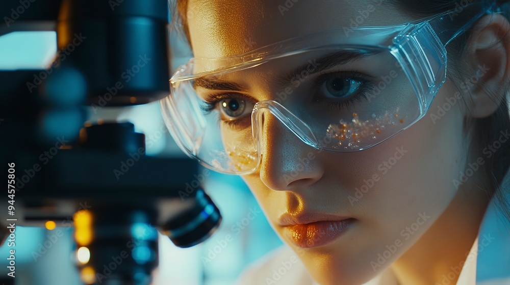 Canvas Prints A female researcher wearing safety goggles looks at culture cells with an inverted microscope. Research for pharmaceutical, and biotechnology development in lab. 