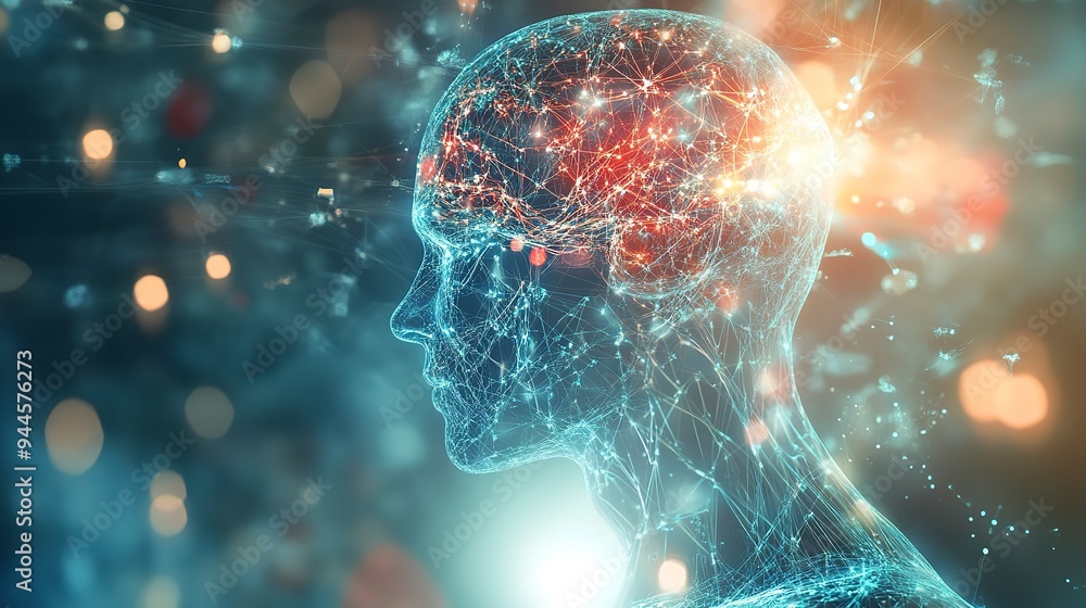 Poster a schematic of human body with neural connections of head and brain and organ structures in form of 
