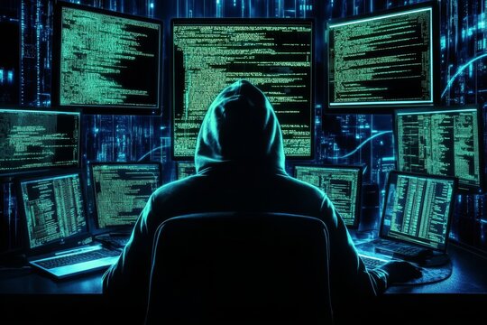 A hooded hacker sits in a dark, high-tech room facing several computer screens with green code, highlighting themes of cybersecurity, mystery, and technology.