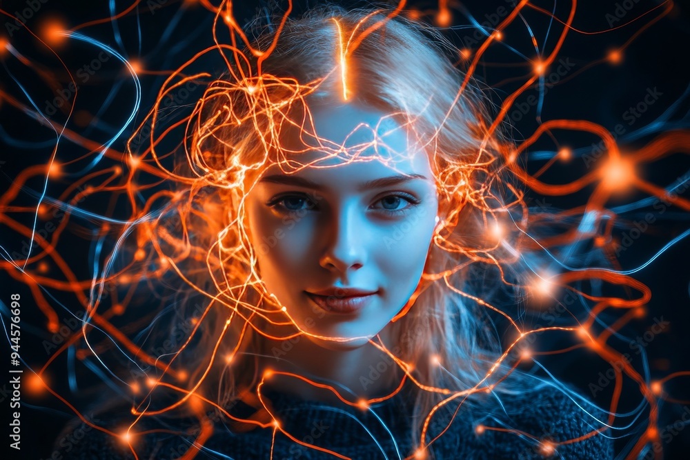 Poster abstract digital representation of a womans face surrounded by intricate glowing orange neural conne