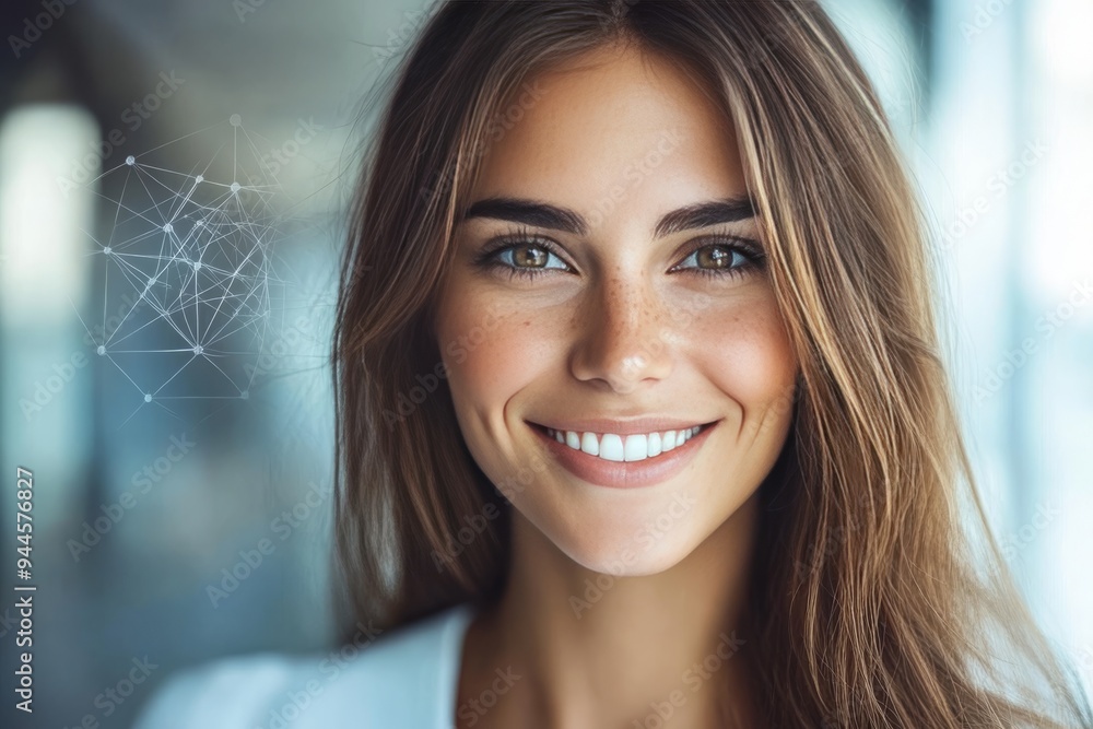 Poster confident woman smiling in a modern setting with subtle digital patterns in the background symbolizi