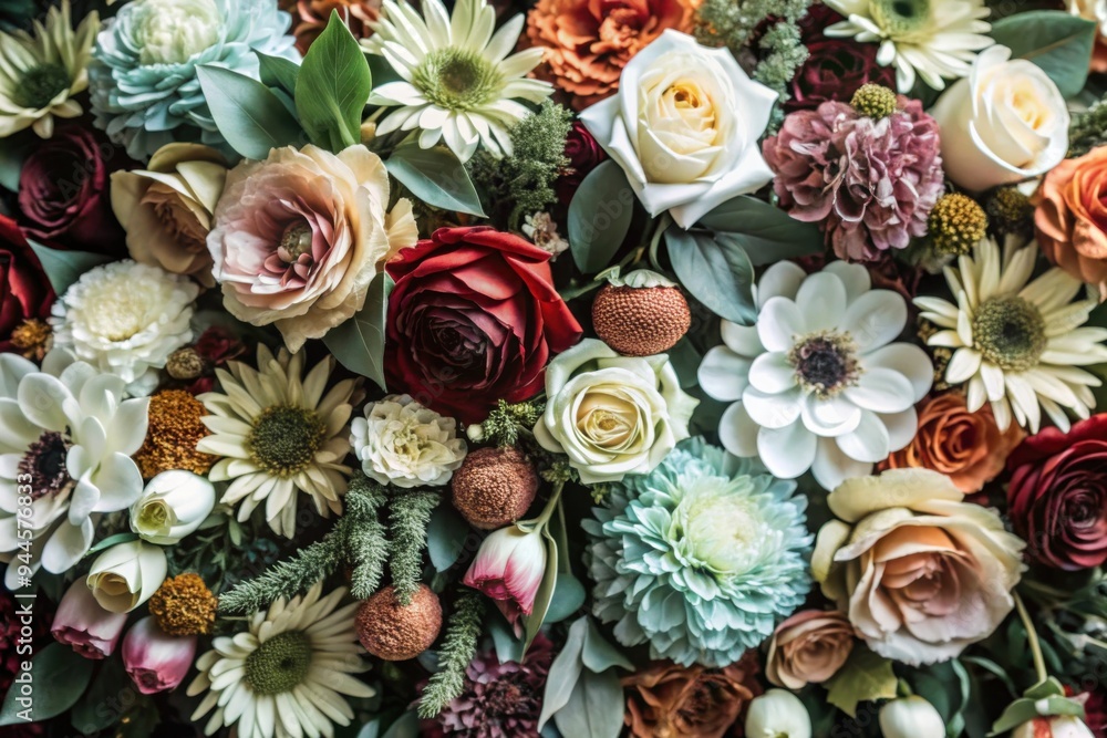 Poster a vibrant floral arrangement showcasing an array of colorful blooms and textures, perfect for adding