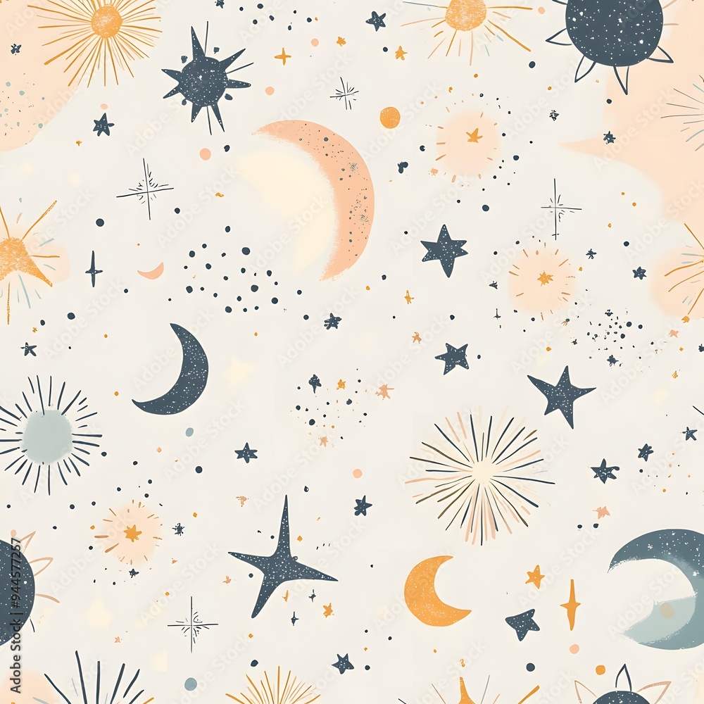 Poster 106. **create a seamless pattern with whimsical, abstract stars and moons in soft, dreamy colors.**