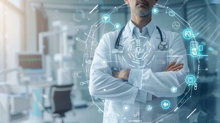 Bridging Medicine and Technology: A Doctor's Stance with Medical Icons Symbolizing the Transition to Future Healthcare