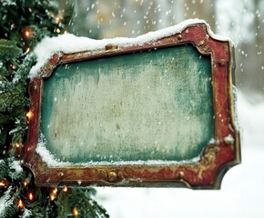 A blank christmas sign made of aged wood with a christmas light border, hanging from a tree with snow packed onto the frame of the sign. A custom holiday message background, photorealistic