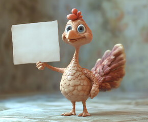 A turkey holding a sign - a claymation or cartoon style happy turkey holds up blank signage to accept a custom thanksgiving message, copyspace for holiday menu or promo