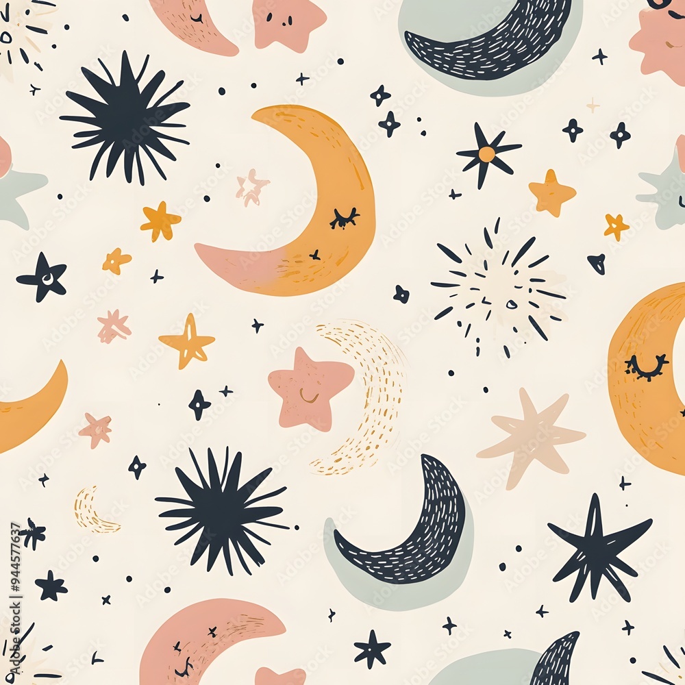 Poster 106. **create a seamless pattern with whimsical, abstract stars and moons in soft, dreamy colors.**