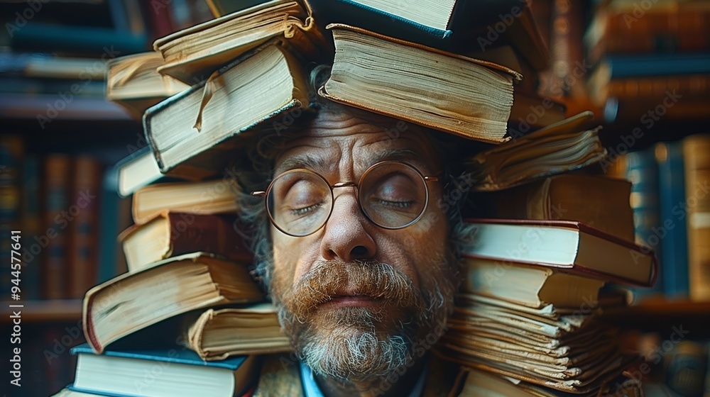 Poster man surrounded by books symbolizing knowledge overload and intellectual pursuit