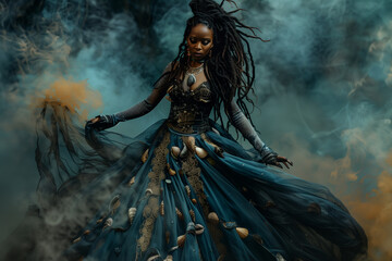 Obraz premium Pirate Sea Witch harnessing ocean magic with seashells and dark spells in a macabre Halloween ritual