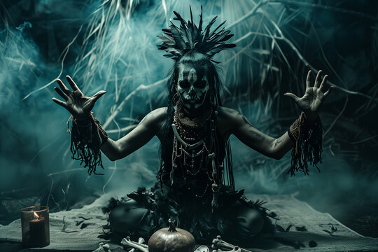Tribal Witch invoking dark spirits with a bone dance and sacrifices in a haunted Halloween ritual