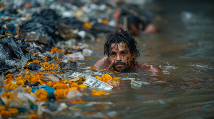Fototapeta premium Indian man navigating polluted waters surrounded by garbage and banknotes