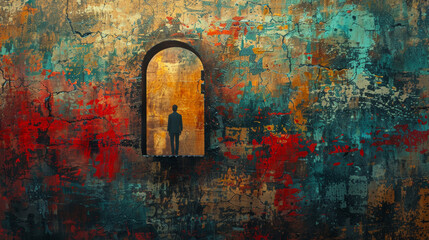 Conceptual art of man inside doorway with abstract background