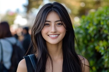 Fototapeta premium Portrait of a smiling woman outdoors capturing a candid moment of joy and the vibrancy of everyday life