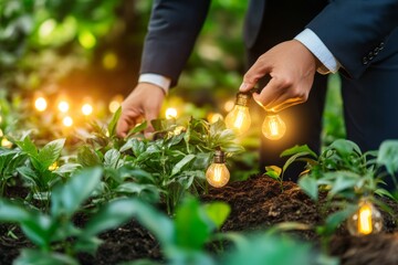 Fototapeta premium An image depicting a man’s hands placing glowing light bulbs around lush green plants, representing the concept of nurturing, growth, and sustainable innovation in an eco-friendly setting.