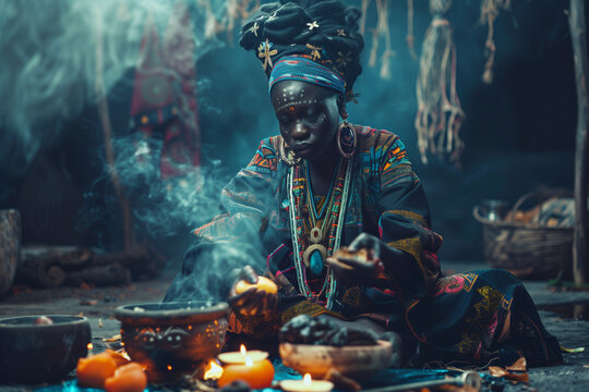 Boodoo Witch performing dark voodoo magic with a doll to connect with spirits in a Halloween ritual
