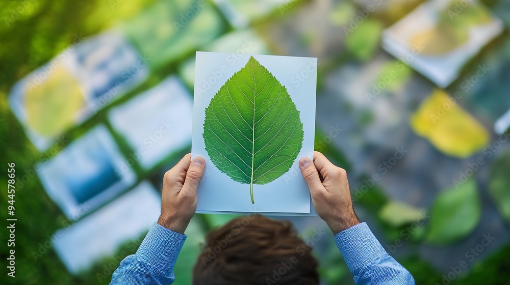 Poster Businessman planning on environmental protection initiative for clean and sustainable future ecology, ESG environmental social governance display on paper chart on eco-friendly company 