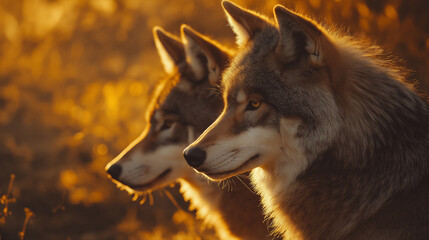 Fototapeta premium Detailed Close-Up of Wolves in Golden Hour Light, Side View Highlighting Natural Fur Texture and Intense Expression