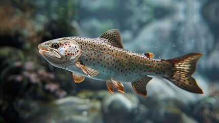 Fototapeta premium Close-up of a Trout Swimming in Freshwater