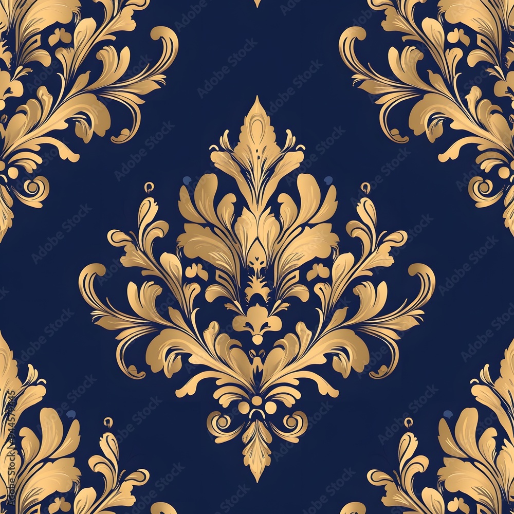 Poster 4. **create a seamless pattern of elegant damask motifs with a luxurious gold and navy color scheme.