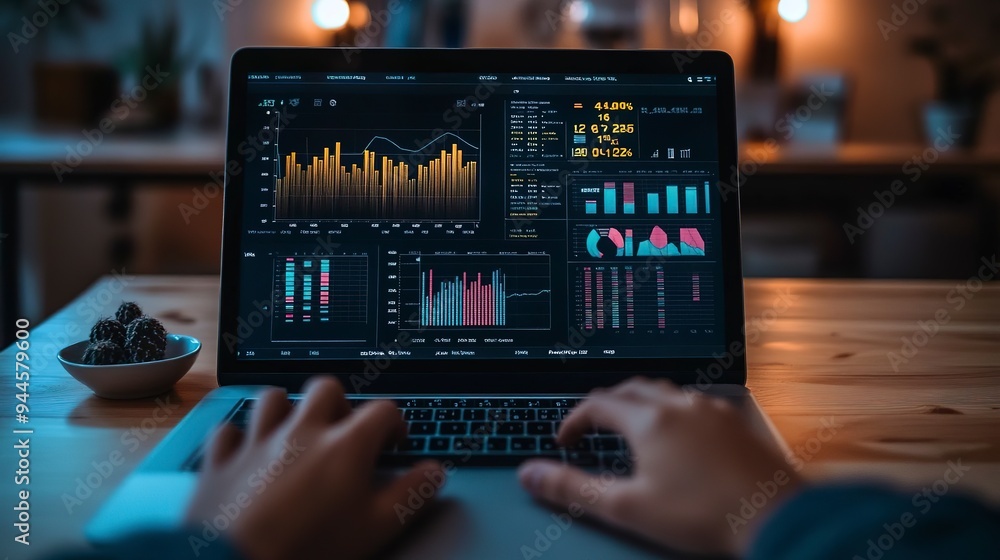 Poster person working on a laptop which displays various colorful charts and graphs indicating some data an