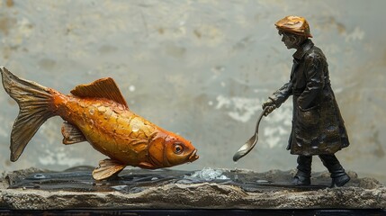Obraz premium Artistic sculpture of a man with a spoon and a large fish