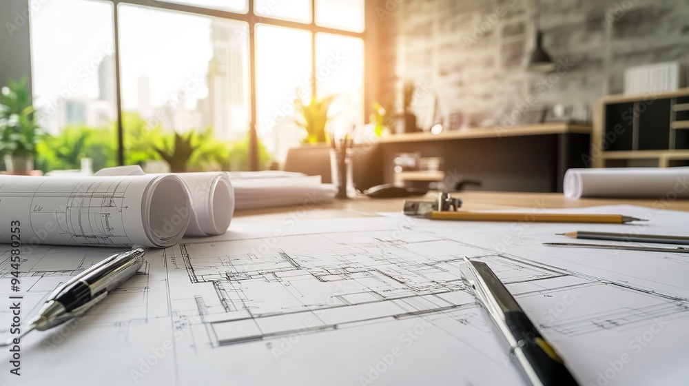 Poster architect s desk with blueprint and technical project drawing for design planning