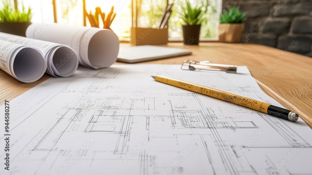 Poster architect s desk with blueprint and technical project drawing for design planning