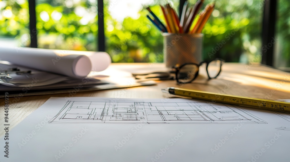Aufkleber architect s desk with blueprint and technical project drawing for design planning