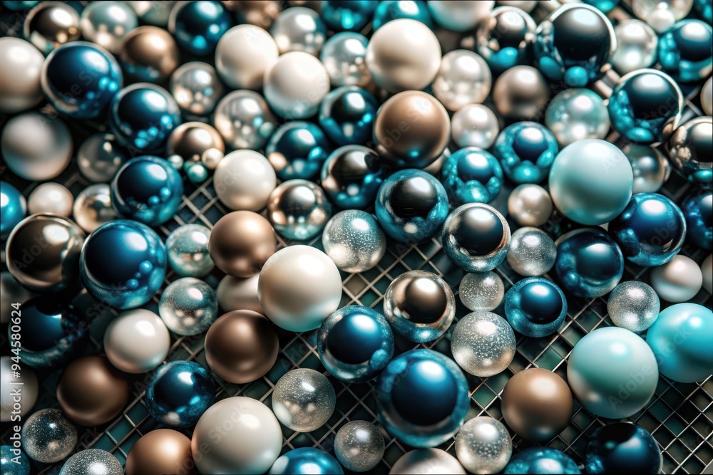 Aufkleber a vibrant assortment of glossy spheres in teal, silver, and bronze, arranged artistically on a wire 