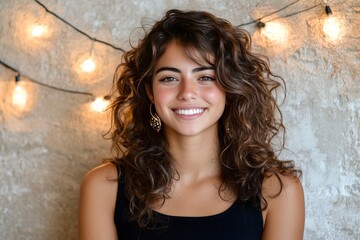 Fototapeta premium Relaxed portrait of a young woman with curly hair sitting in front of warm string lights embodying a cozy inviting atmosphere filled with warmth contentment and festive joy