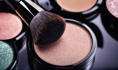 A makeup brush lays on top of a compact of blush