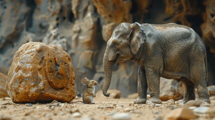 Playful encounter between a curious elephant and tiny mouse