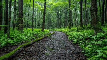 Fototapeta premium Serene forest path in lush green Aokigahara woods landscape