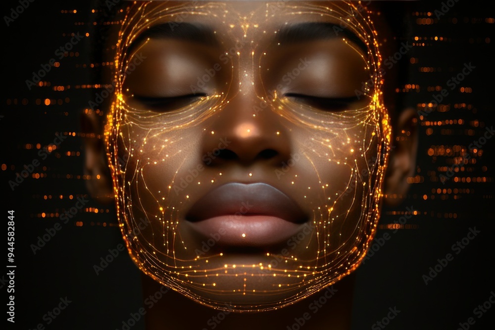 Aufkleber mesmerizing digital art of a woman’s face illuminated by intricate glowing lines symbolizing the fus