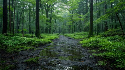 Obraz premium Misty Aokigahara forest path in lush green nature of Japan