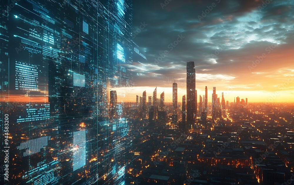 Aufkleber futuristic city skyline with digital data streams representing global connectivity