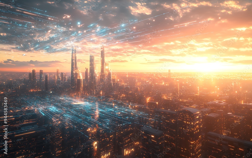 Aufkleber futuristic city skyline with digital data streams representing global connectivity
