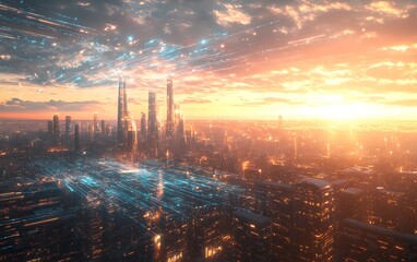 Futuristic City Skyline with Digital Data Streams Representing Global Connectivity