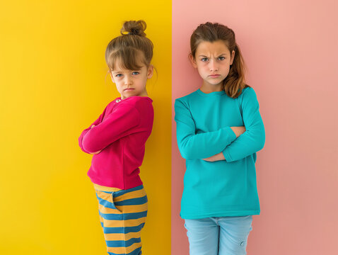 Grumpy sisters in an argument, bright colours, pastel themed color, sibling conflict and rivalry, older and younger siblings, family dynamics