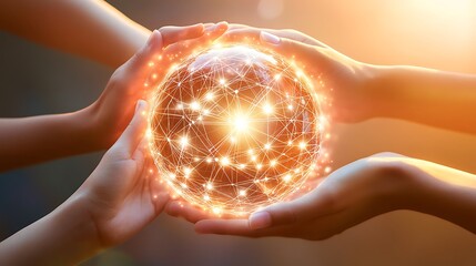 Unity in Diversity: Hands Holding a Glowing Digital Sphere Symbolizing Global Connections