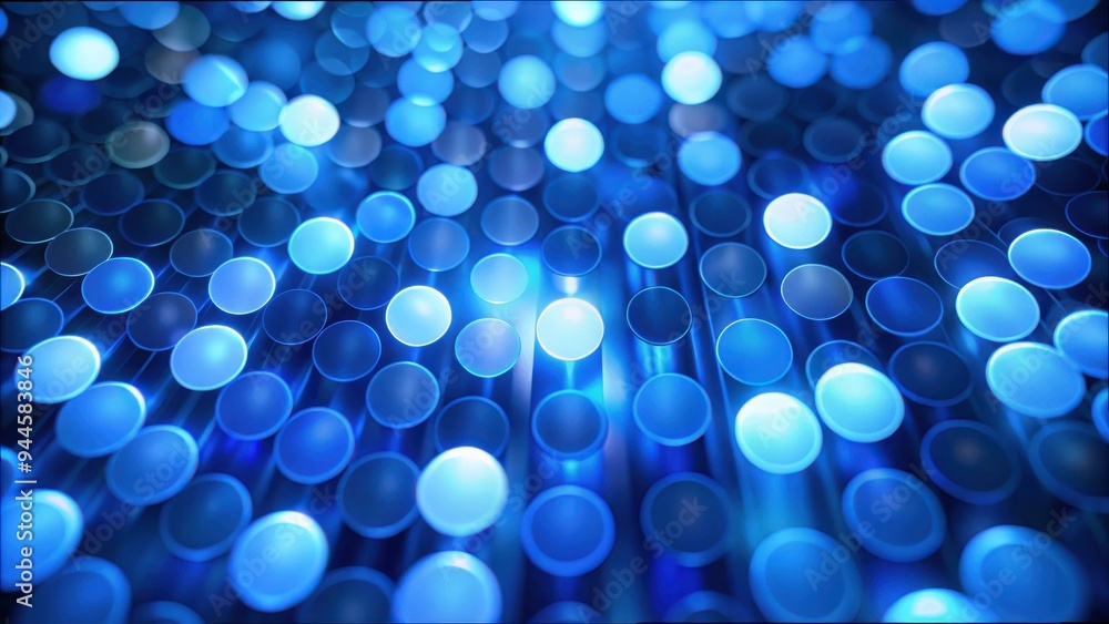 Poster An intricate display of glowing blue cylindrical shapes arranged in a mesmerizing pattern, creating a stunning visual experience that captivates the viewer in a modern artistic setting. Generative AI