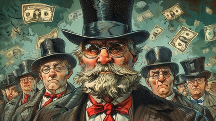 Illustration of greedy capitalists with dollar bills in the background