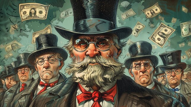 Illustration of greedy capitalists with dollar bills in the background