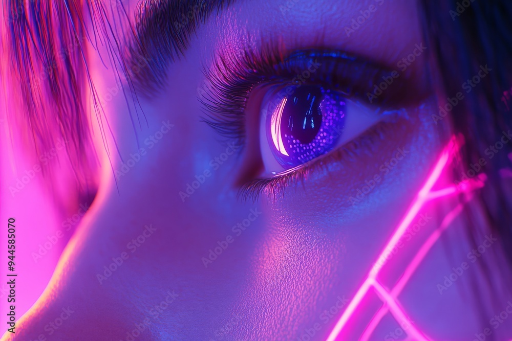 Wall mural A close up of a vibrant eye reflecting neon purple and pink lights symbolizing the electrifying energy of digital creativity and innovation in a futuristic and dynamic setting