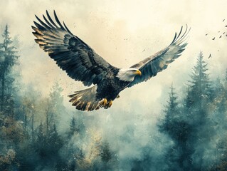 Obraz premium A soaring eagle in an abstract 3D watercolor sky, minimalistic style, soft gradients and smooth transitions